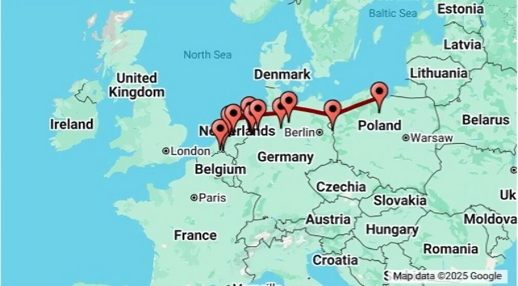 Tour route map through Netherlands, Germany, and Poland